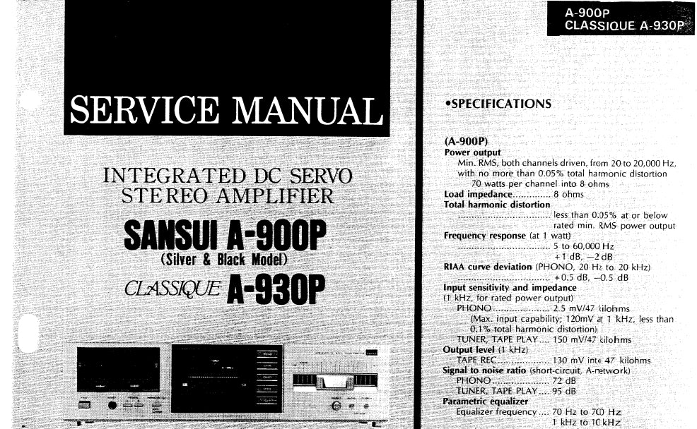 SANSUI A-900P CLASSIQUE A-930P INTEGRATED DC SERVO STEREO AMPLIFIER SERVICE MANUAL ENGLISH