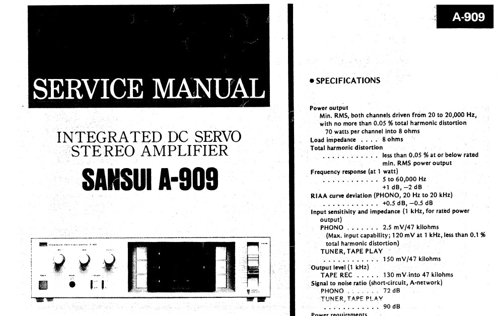 SANSUI A-909 INTEGRATED DC SERVO STEREO AMPLIFIER SERVICE MANUAL ENGLISH