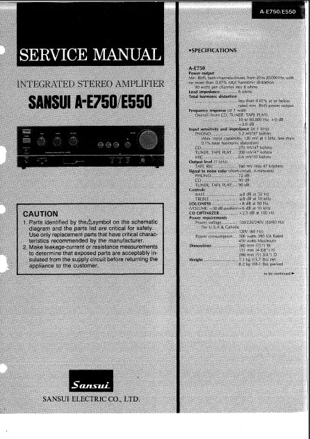 SANSUI A-E750 A-E550 INTEGRATED STEREO AMPLIFIER SERVICE MANUAL ENGLISH