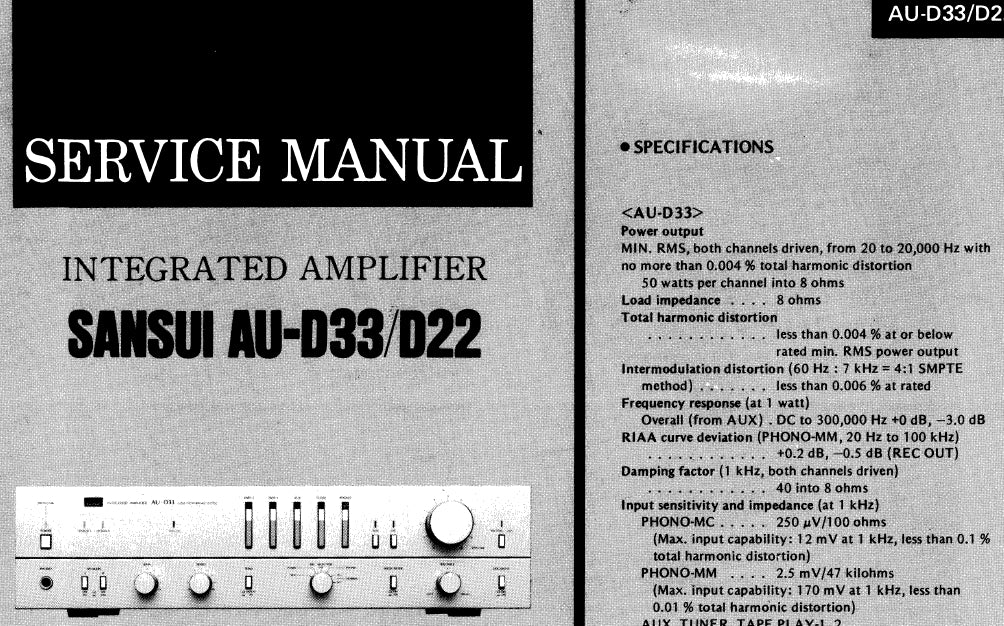 SANSUI AU-D33 AU-D22 INTEGRATED AMPLIFIER SERVICE MANUAL INC SCHEMATIC DIAGRAMS 15 PAGES ENG