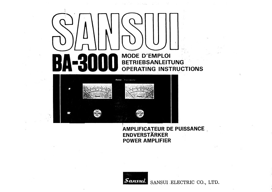 SANSUI BA-3000 POWER AMPLIFIER MODE D'EMPLOI BETRIEBSANLEITUNG OPERATING INSTRUCTIONS 36 PAGES FRANC DEUT ENG