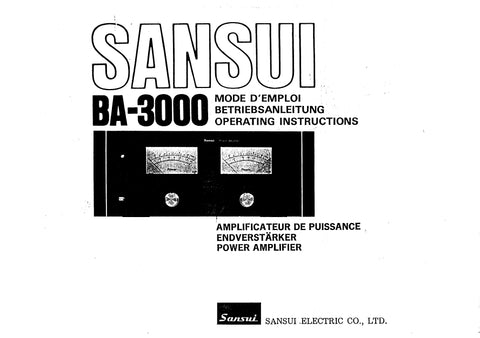 SANSUI BA-3000 POWER AMPLIFIER MODE D'EMPLOI BETRIEBSANLEITUNG OPERATING INSTRUCTIONS 36 PAGES FRANC DEUT ENG