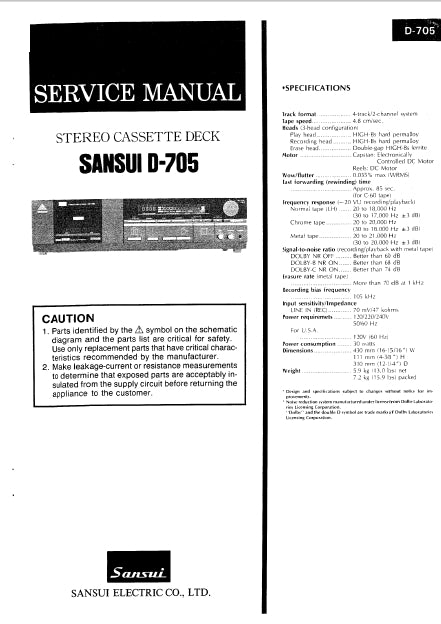 SANSUI D-705 STEREO CASSETTE DECK SERVICE MANUAL 20 PAGES ENG