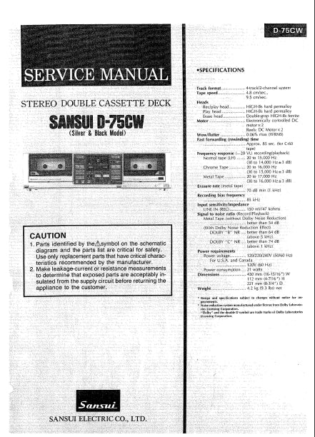 SANSUI D-75CW STEREO DOUBLE CASSETTE DECK SERVICE MANUAL 24 PAGES ENG