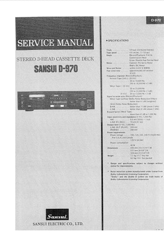 SANSUI D-970 STEREO 3 HEAD CASSETTE DECK SERVICE MANUAL 20 PAGES ENG