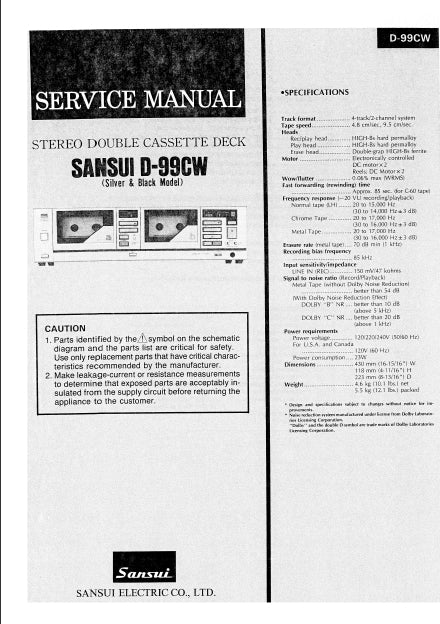 SANSUI D-99CW STEREO DOUBLE CASSETTE DECK SERVICE MANUAL 19 PAGES ENG