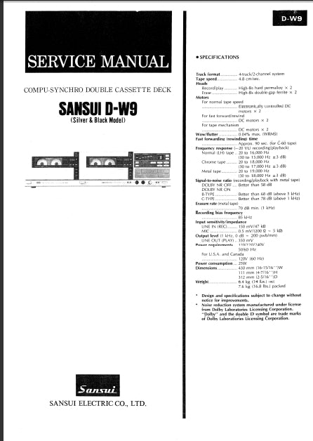 SANSUI D-W9 COMPU-SYNCHRO DOUBLE CASSETTE DECK SERVICE MANUAL INC SCHEMATIC DIAGRAMS 16 PAGES ENG