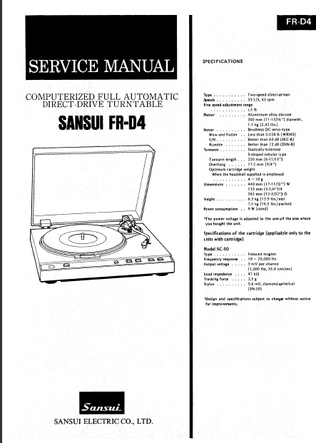 SANSUI FR-D4 COMPUTERIZED FULL AUTOMATIC DIRECT DRIVE TURNTABLE SERVICE MANUAL INCLUDING SCHEMATIC DIAGRAMS 11 PAGES ENG