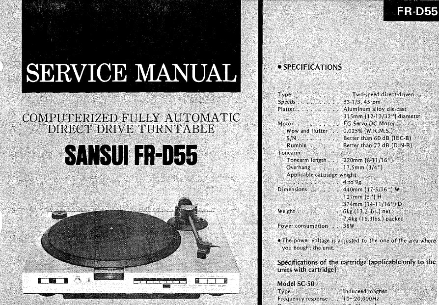 SANSUI FR-D55 COMPUTERIZED FULLY AUTOMATIC DIRECT DRIVE TURNTABLE SERVICE MANUAL INCLUDING SCHEMATIC DIAGRAMS 17 PAGES ENG