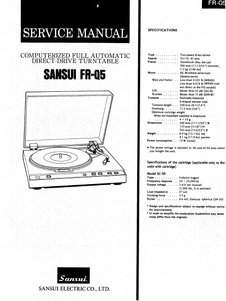 SANSUI FR-Q5 COMPUTERIZED FULL AUTOMATIC DIRECT DRIVE TURNTABLE SERVICE MANUAL INCLUDING SCHEMATIC DIAGRAMS 12 PAGES ENG