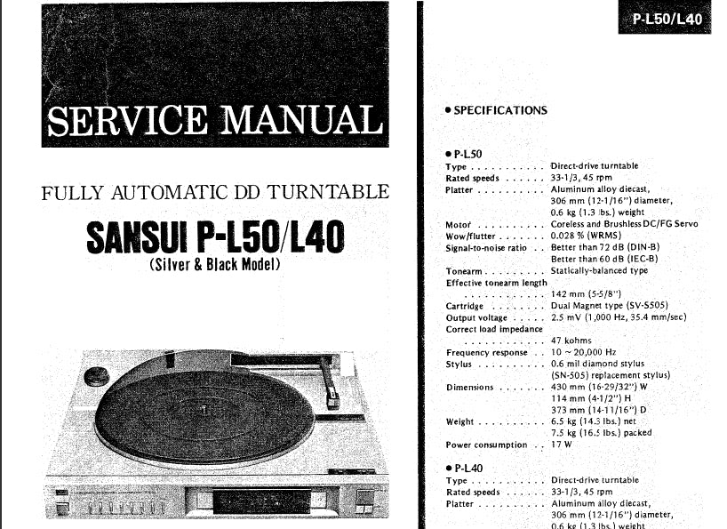 SANSUI P-L50 P-L40 FULLY AUTOMATIC DIRECT DRIVE TURNTABLE SERVICE MANUAL INCLUDING SCHEMATIC DIAGRAMS 24 PAGES ENG