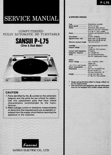 SANSUI P-L75 COMPUTERIZED FULLY AUTOMATIC DIRECT DRIVE TURNTABLE SERVICE MANUAL INCLUDING SCHEMATIC DIAGRAMS 15 PAGES ENG