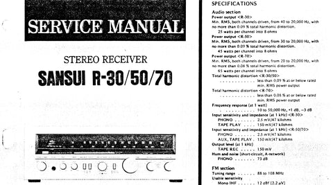 SANSUI R-30 R-50 R-70 STEREO RECEIVER SERVICE MANUAL IN ENGLISH