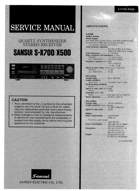 SANSUI S-X700 S-X500 QUARTZ SYNTHESIZER STEREO RECEIVER SERVICE MANUAL INC SCHEMATIC DIAGRAMS 20 PAGES ENG