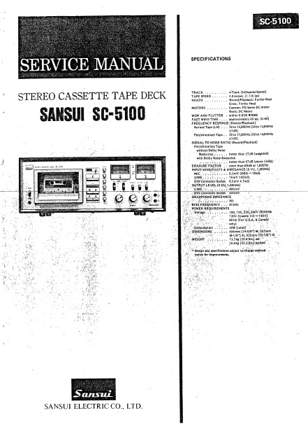 SANSUI SC-5100 STEREO CASSETTE TAPE DECK SERVICE MANUAL 29 PAGES ENG