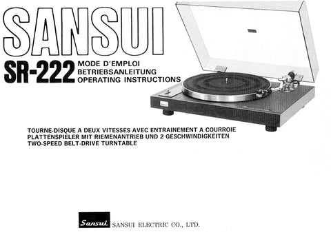 SANSUI SR-222 TOURNE DISQUE PLATTENSPIELER TWO SPEED DIRECT DRIVE TURNTABLE MODE D'EMPLOI BETRIEBSANLEITUNG OPERATING INSTRUCTIONS 31 PAGES FRANC DEUT ENG