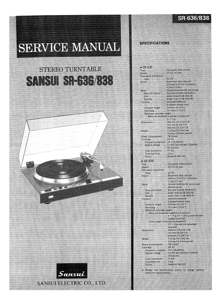 SANSUI SR-636 SR-838 STEREO TURNTABLE SERVICE MANUAL 12 PAGES ENG