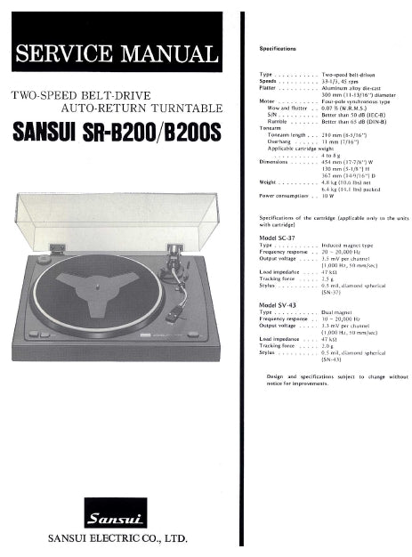 SANSUI SR-B200 SR-B200S TWO SPEED BELT DRIVE AUTO RETURN TURNTABLE SERVICE MANUAL INC PARTS LIST 4 PAGES ENG