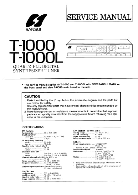 SANSUI T-1000 T-1000L QUARTZ PLL DIGITAL SYNTHESIZER TUNER SERVICE MANUAL INC SCHEM DIAGS 13 PAGES ENG