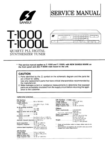 SANSUI T-1000 T-1000L QUARTZ PLL DIGITAL SYNTHESIZER TUNER SERVICE MANUAL INC SCHEM DIAGS 13 PAGES ENG