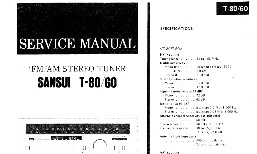 SANSUI T-60 T-80 FM AM STEREO TUNER SERVICE MANUAL INC SCHEMS 12 PAGES ENG