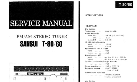 SANSUI T-60 T-80 FM AM STEREO TUNER SERVICE MANUAL INC SCHEMS 12 PAGES ENG