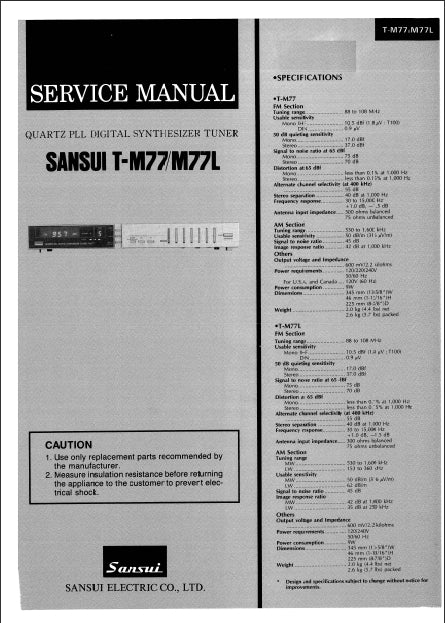 SANSUI T-M77 T-M77L QUARTZ PLL DIGITAL SYNTHESIZER TUNER SERVICE MANUAL INC SCHEM DIAGS 12 PAGES ENG