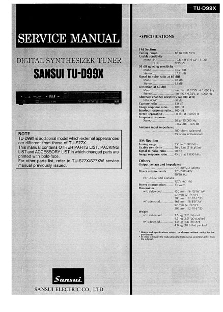 SANSUI TU-D99X DIGITAL SYNTHESIZER TUNER SERVICE MANUAL INC SCHEM DIAGS 18 PAGES ENG