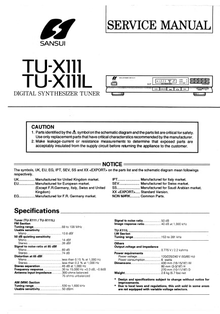 SANSUI TU-X111 TU-X111L DIGITAL SYNTHESIZER TUNER SERVICE MANUAL INC SCHEM DIAGS 12 PAGES ENG