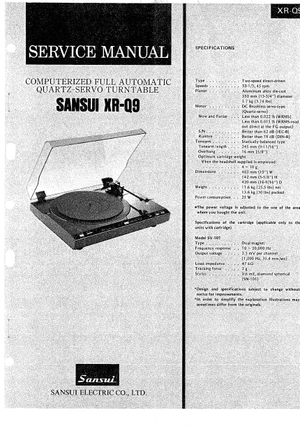 SANSUI XR-Q9 COMPUTERIZED FULL AUTOMATIC QUARTZ SERVO TURNTABLE SERVICE MANUAL INC SCHEM DIAGS 20 PAGES ENG