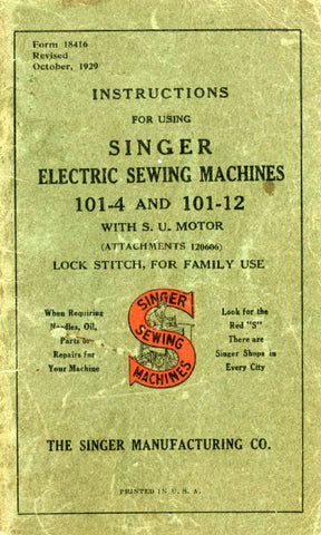 SINGER 101-4 101-12 ELECTRIC SEWING MACHINE INSTRUCTIONS BOOK 56 PAGES ENG