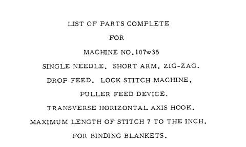 SINGER 107W35 SEWING MACHINE LIST OF PARTS COMPLETE 15 PAGES ENG