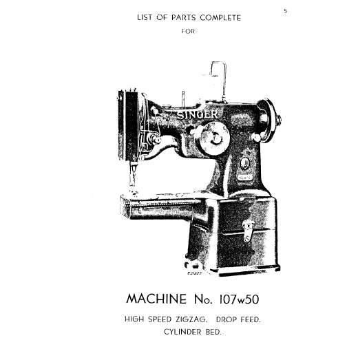 SINGER 107W50 SEWING MACHINE LIST OF PARTS COMPLETE 20 PAGES ENG