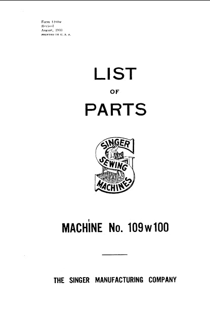 SINGER 109W100 SEWING MACHINE LIST OF PARTS 25 PAGES ENG