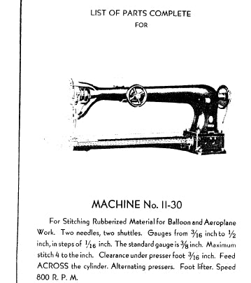 SINGER 11-30 SEWING MACHINE LIST OF PARTS COMPLETE 19 PAGES ENG