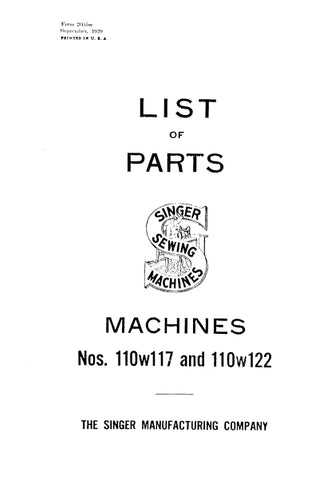 SINGER 110W117 110W122 SEWING MACHINE LIST OF PARTS 30 PAGES ENG