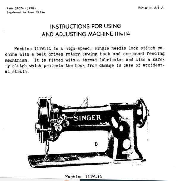 SINGER 111W114 SEWING MACHINE INSTRUCTIONS 3 PAGES ENG