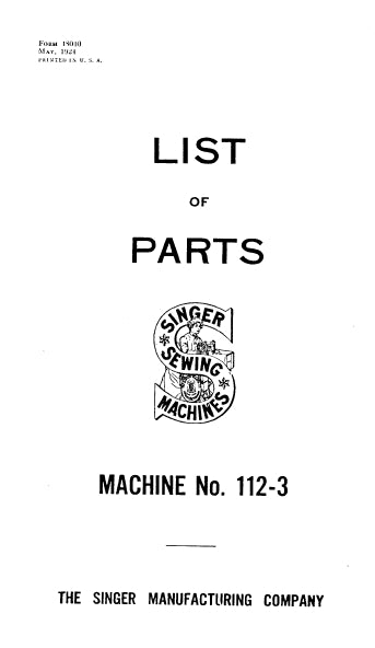 SINGER 112-3 SEWING MACHINE LIST OF PARTS 18 PAGES ENG