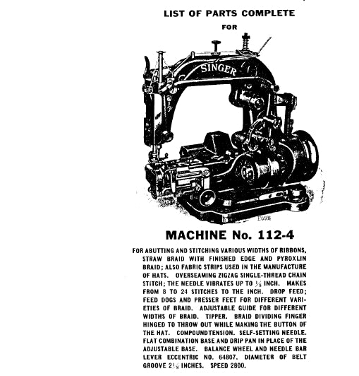 SINGER 112-4 SEWING MACHINE LIST OF PARTS COMPLETE 23 PAGES ENG