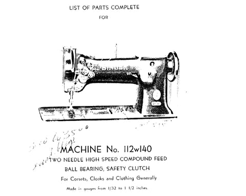 SINGER 112W140 SEWING MACHINE LIST OF PARTS COMPLETE 32 PAGES ENG