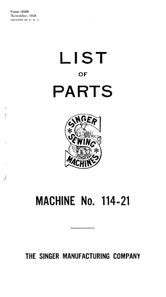 SINGER 114-21 SEWING MACHINE LIST OF PARTS 29 PAGES ENG