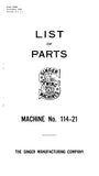 SINGER 114-21 SEWING MACHINE LIST OF PARTS 29 PAGES ENG