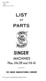 SINGER 114-39 114-41 SEWING MACHINE LIST OF PARTS 20 PAGES ENG