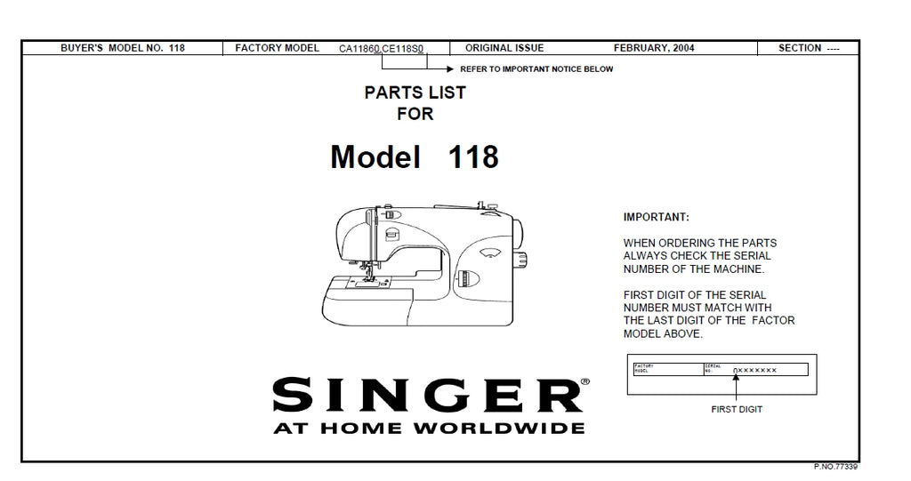 SINGER 118 SEWING MACHINE PARTS LIST 16 PAGES ENG