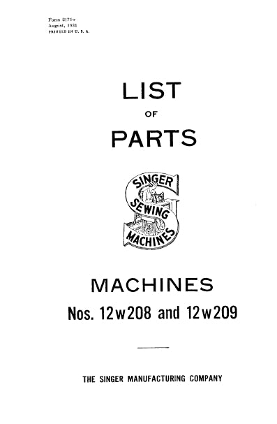 SINGER 12W208 12W209 SEWING MACHINE LIST OF PARTS 25 PAGES ENG