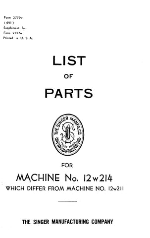 SINGER 12W214 SEWING MACHINE LIST OF PARTS 5 PAGES ENG