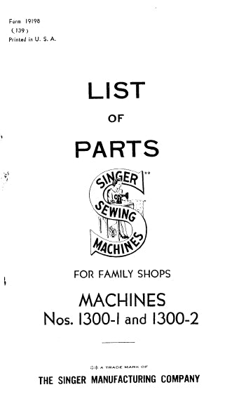 SINGER 1300-1 1300-2 SEWING MACHINE LIST OF PARTS 54 PAGES ENG