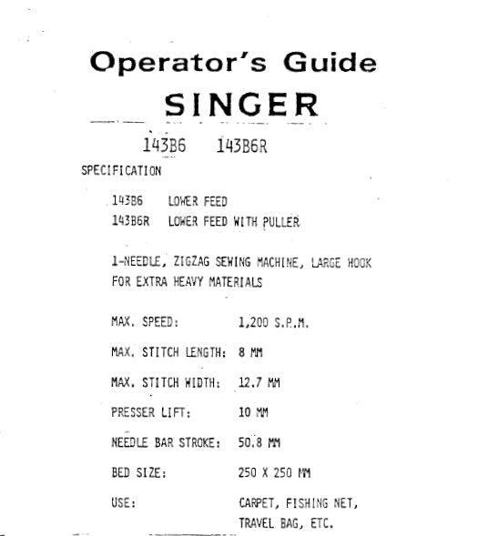 SINGER 143B6 143B6R SEWING MACHINE OPERATORS GUIDE 4 PAGES ENG