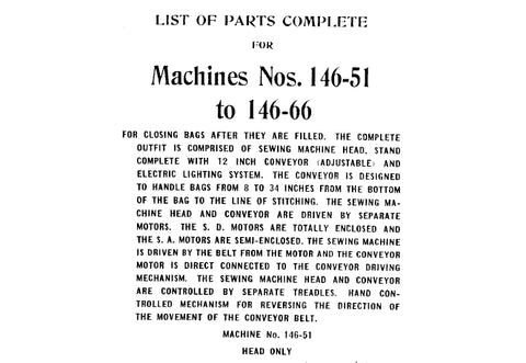 SINGER 146-51 to 146-66 SEWING MACHINE LIST OF PARTS COMPLETE 12 PAGES ENG