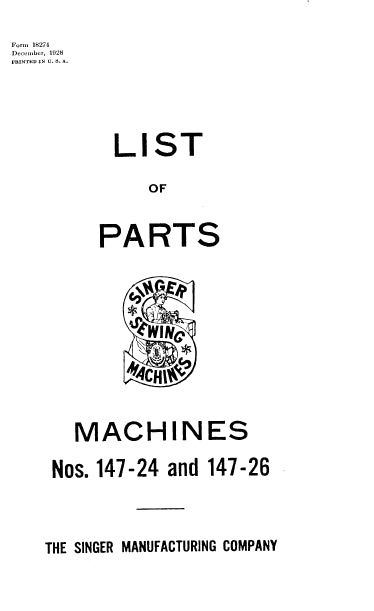 SINGER 147-24 147-26 SEWING MACHINE LIST OF PARTS 37 PAGES ENG